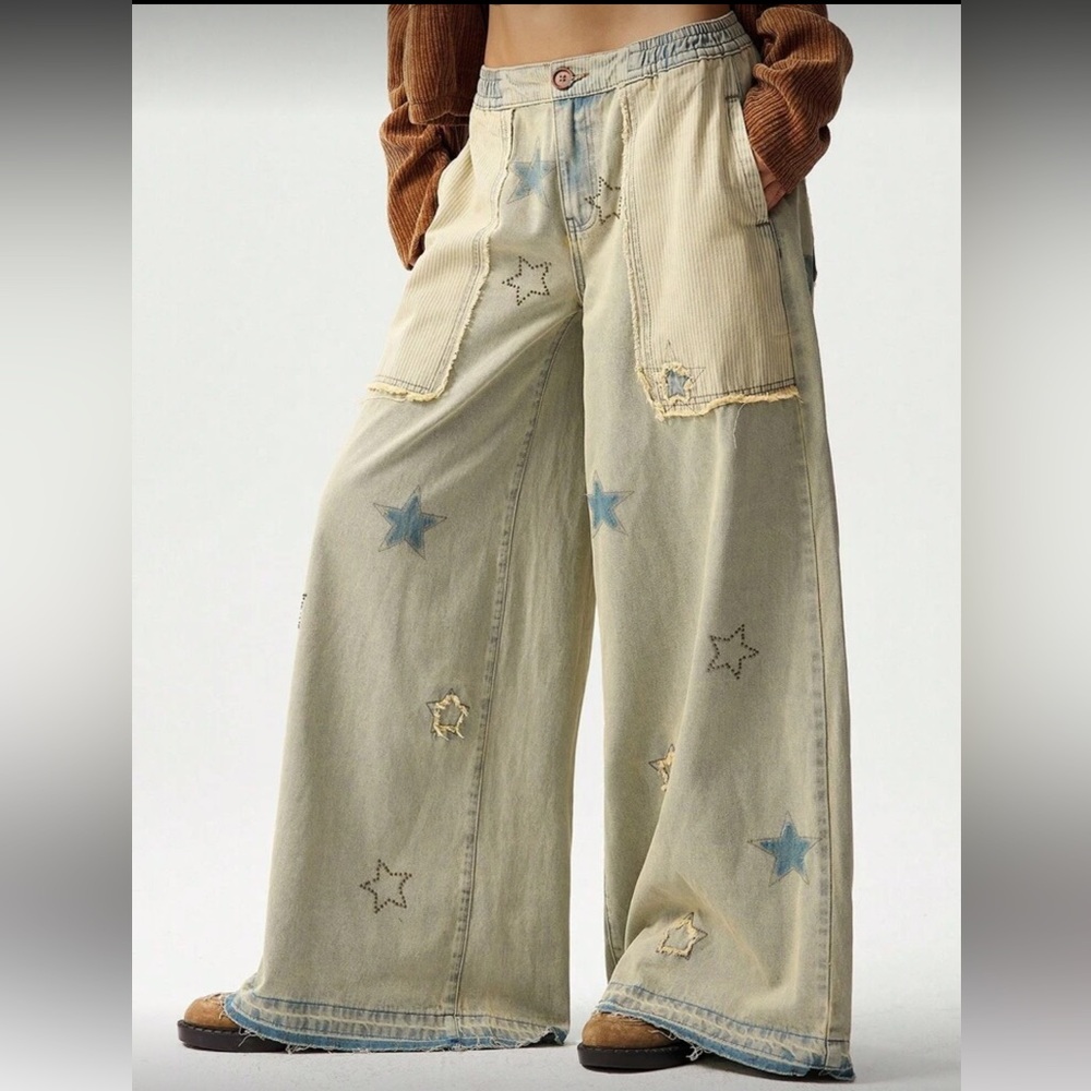 Star patchwork distressed Pattern Wide-Leg Jeans mini stud blue - Picture 4 of 7